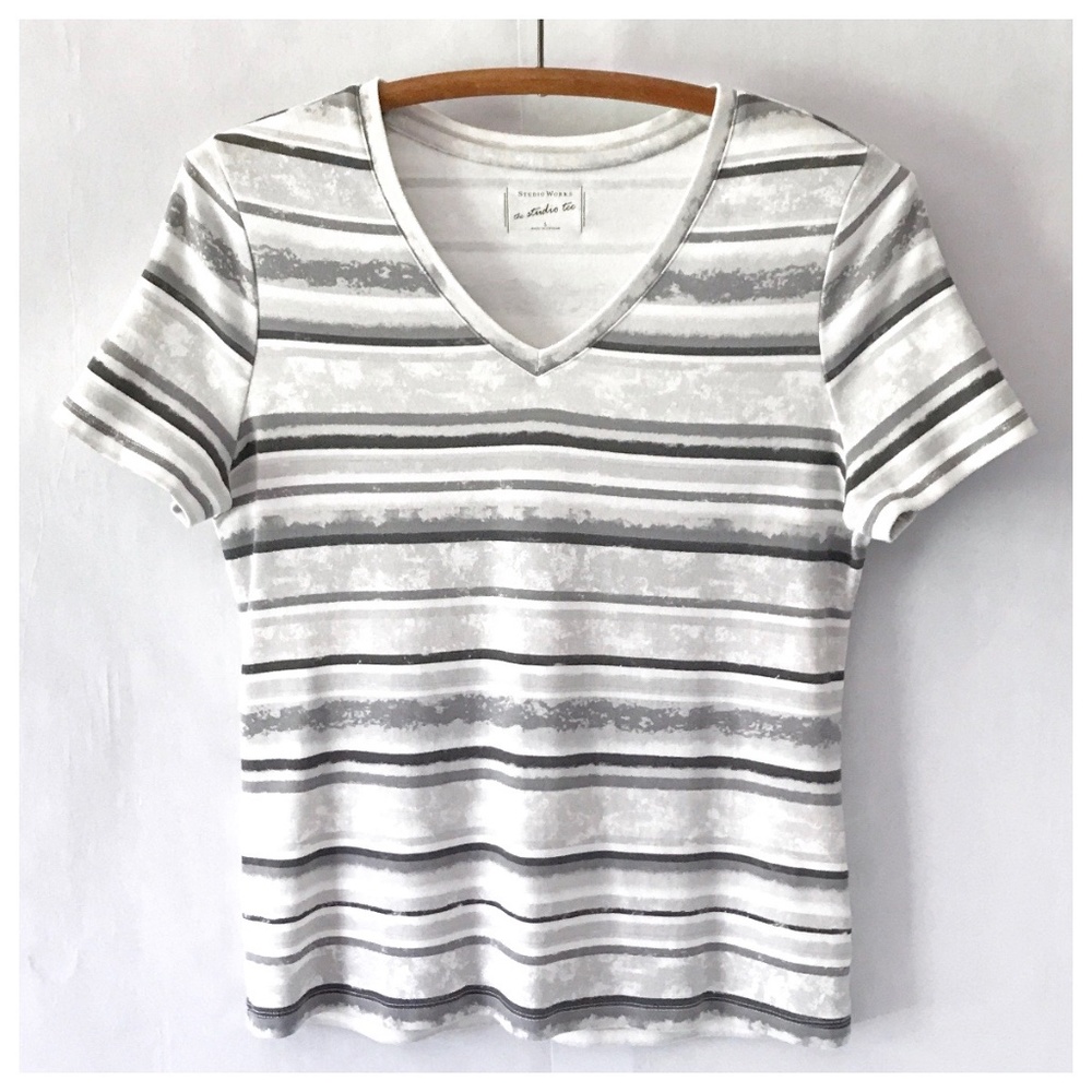 3/$15 Studio Works Grey Stripes V-Neck Knit Tee